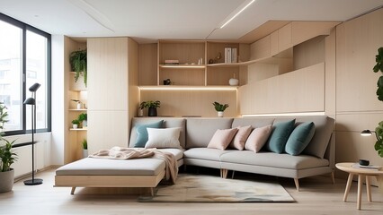 Small apartment with foldable tech-integrated furniture and touch-controlled multi-purpose walls.