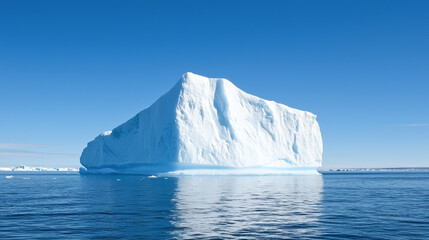 Majestic iceberg floating in calm blue ocean under clear sky on a bright sunny day.
