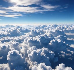 Naklejka premium A high-altitude plane window captures a stunning array of cloud shapes and sizes in the clear blue sky, landscape, clouds, natural beauty