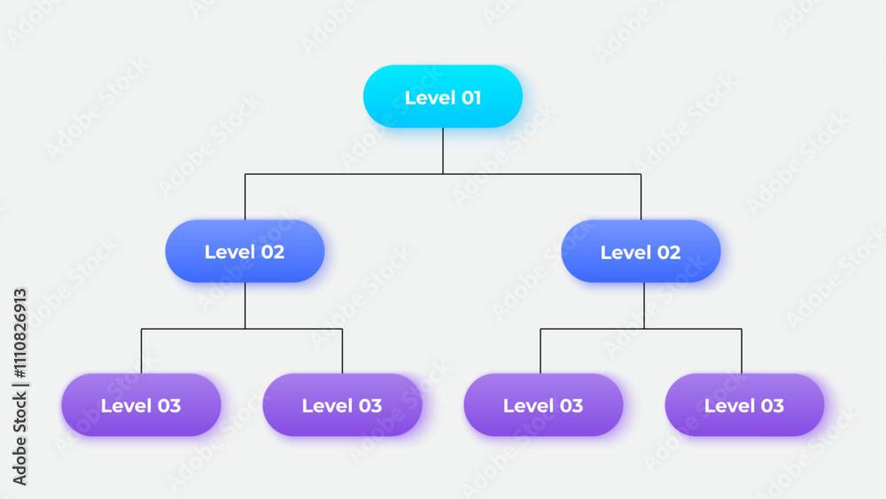 Poster Business hierarchy chart infographics. Corporate organizational structure graphic elements with 3 levels. The top-level connects to 6 subordinate nodes
