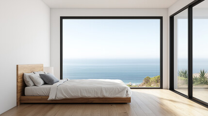 Fototapeta premium Minimalist bedroom interior with ocean view through large windows, emphasizing tranquility and modern design.