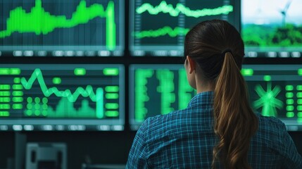 Financial advisor reviews green bond trends using data-driven digital dashboards, showcasing sustainable investments and environmental impact analysis