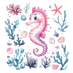 Here's a description and keywords suitable for a stock photo site.. Cute pink seahorse surrounded by coral, shells, and starfish.