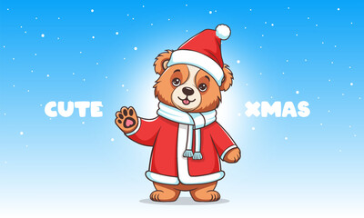Vector cuddly cartoon funny kind plush soft teddy bear in Santa Claus costume and white scarf. Cute xmas. Festive nice childrens toy, waves his paw. Merry Christmas and Happy New year.