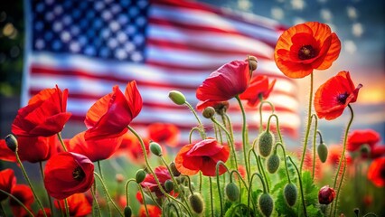 Obraz premium Vibrant Red Poppies in Front of a Blurry American Flag Background, Celebrating Patriotism and Nature's Beauty in a Captivating Food Photography Scene