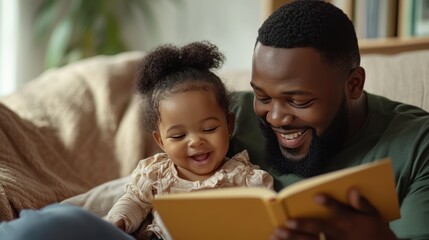 Fototapeta premium Happy father relax and read book with baby time together at home. parent sit on sofa with daughter and reading a story. learn development, childcare, laughing, education, storytelling, practice.