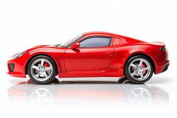Obraz premium Vibrant Red Sports Car Toy Isolated on White Background with Ample Copy Space for Creative Use and Marketing Applications
