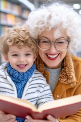Fototapeta premium Joyful Grandmother and Grandchild Reading in a Cozy Library Setting