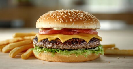 Double cheeseburger with fries. AI generated illustration.