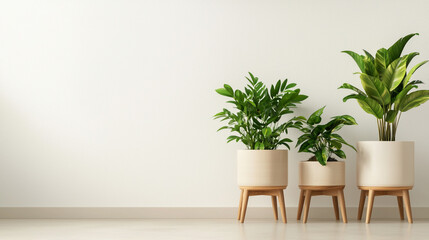 Minimalist interior with three green potted plants on wooden stands against a plain white wall.