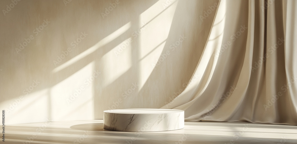 Poster minimalist interior with a circular pedestal and soft drapery illuminated by natural light in a sere