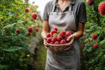 fresh red juicy summer raspberry from the garden in the hands of a young woman in gray apron and shirt