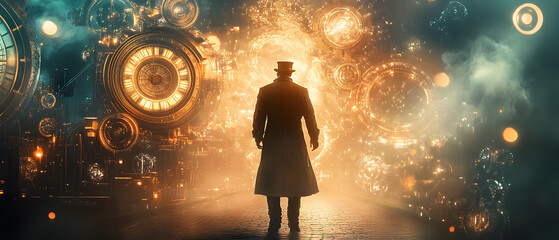 Mysterious Gentleman Contemplates Futuristic Steampunk Clockwork Portal