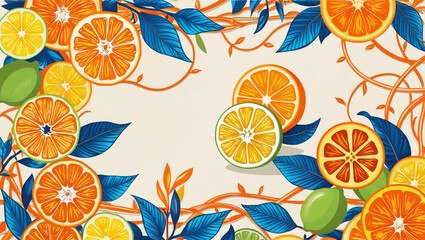 Orange and blue leaves. Vector illustration of citrus, cut fruit, pattern for plant background, wedding invitation, greeting card, packaging, label, italian mediterranean poster
