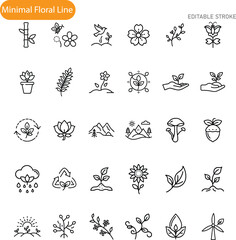 Minimalist Floral Line Icons Nature, Plants, Growth, Editable Strokes