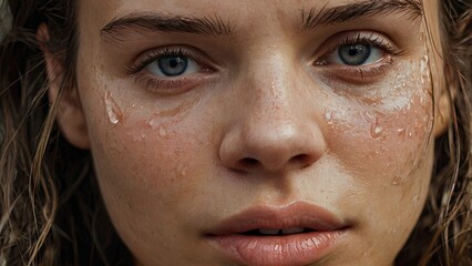Fototapeta premium portrait of a woman, close up of the face of a young woman with tears on her cheek,generative ai