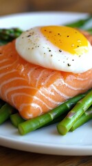 Salmon fillet topped with a perfectly poached egg on a bed of fresh asparagus, AI