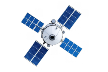 Orbiting Satellite Solar Power System Diagram with Spacecraft Illustration in Grey Background