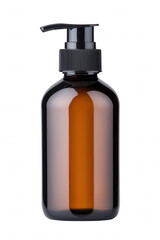 Fototapeta premium Rich Body Wash Bottle with Golden Brown Liquid, Upright Stand & Pump Dispenser for Soothing Skin Care