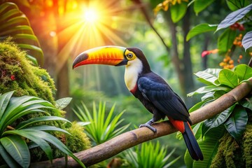 Obraz premium Vibrant Tropical Scene Featuring a Colorful Toucan Perched on a Branch with Lush Greenery, Inviting Viewers to Embrace the Spirit of Adventure and Positivity in Nature