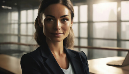 Fototapeta premium A professional woman in a modern office, wearing a blazer, with natural light streaming through the large windows, symbolizing success and confidence
