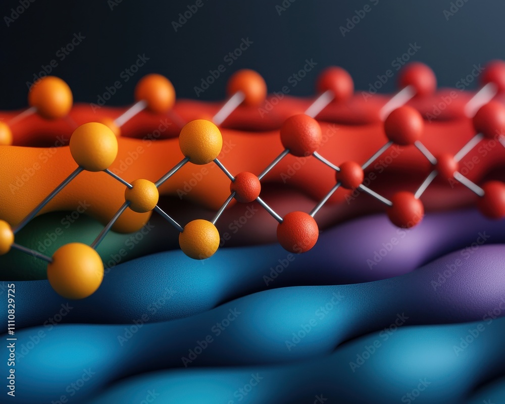 Aufkleber A vibrant depiction of molecular structures showcasing colorful atoms arranged in a complex, layered pattern against a smooth, wavy background.