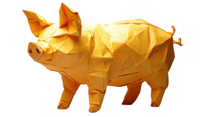 Origami Pig Sculpture in Golden Yellow Folded Paper Artwork Against Dark Background