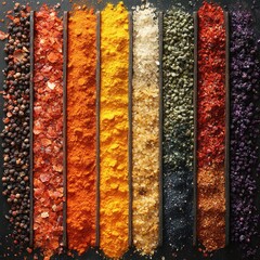 A vibrant arrangement of various spices and powders on a dark background.