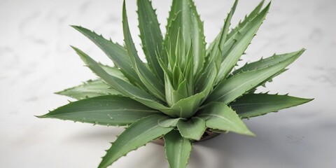 Fototapeta premium Aromatic aloe vera leaf with soft texture and ridges on a pristine white surface , plant details, organic produce