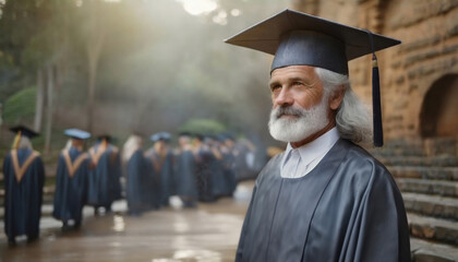 An elderly graduate in a cap and gown stands proudly outdoors during a graduation ceremony, with other graduates blurred in the background.