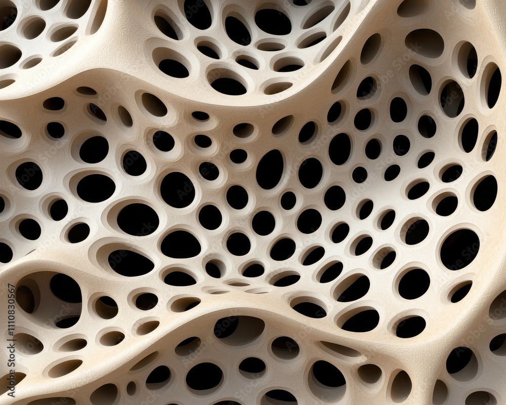 Poster abstract close-up of porous material featuring organic shapes and varying sizes of holes, creating a
