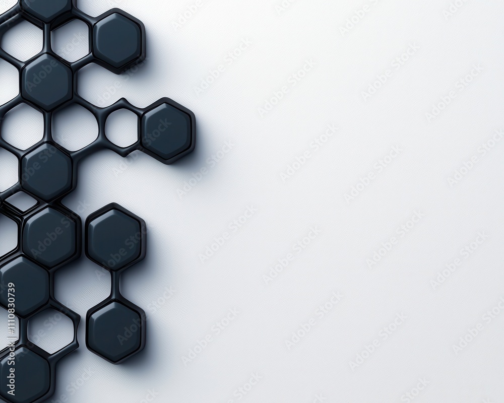 Fototapete A modern abstract design featuring black hexagonal shapes arranged on a light background, creating a sleek, geometric composition.
