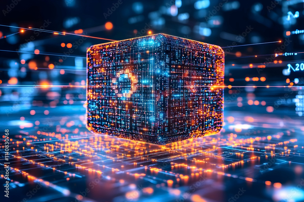 Poster glowing cube data structure digital network.