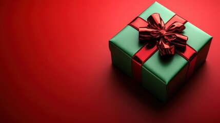 Obraz premium A glossy green gift box with a striking red ribbon bow, resting on the bottom-right corner of a bright red background, ideal for overlaying text