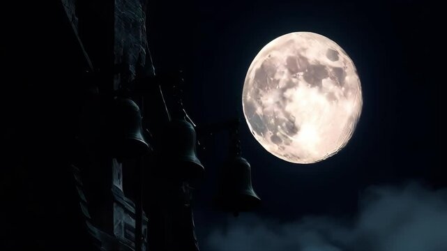 Silhouetted bells against a large, bright moon and dark, cloudy sky create a mysterious and atmospheric scene.. AI Generation