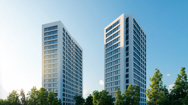 Modern skyscrapers against a clear blue sky surrounded by lush green trees, showcasing urban design and nature.