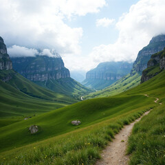 Fototapeta premium Peaceful Nature Scene with Green Hills and Cloudy Skies