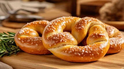 Freshly Baked Soft Pretzels with Coarse Salt on Wooden Board