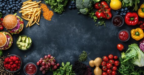 Fast food and health food comparison. AI generated illustration.