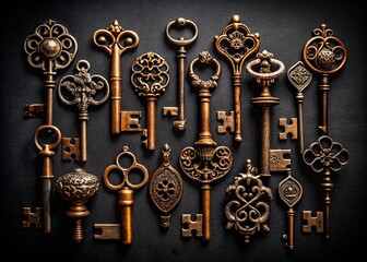 Vintage Keys Collection Silhouette on Black Background for Artistic Home Decor and Unique Wall Art Display, Perfect for Antique Lovers and Interior Design Enthusiasts