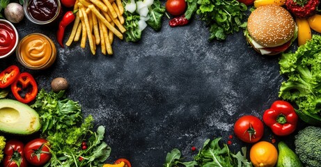 Fast food and health food comparison. AI generated illustration.