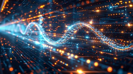 Futuristic Digital DNA Strand Surrounded by Binary Code in a High-Tech Cyber Environment Representing Advanced Genetics