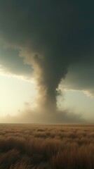 Dusty Tornado Touches Down Over the Prairie With a Rotating Satellite Funnel in the Distance. Generative AI