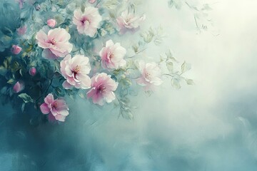 Delicate Pink Blossoms Painted on Teal Background