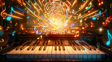 Grand Piano Illuminated by Bright Spirals of Colorful Musical Notes in a Radiant Display of Creativity