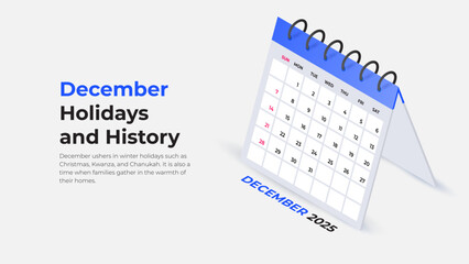 Isometric vector calendar for 2025. December month. Agenda illustration. Week starts on Sunday.