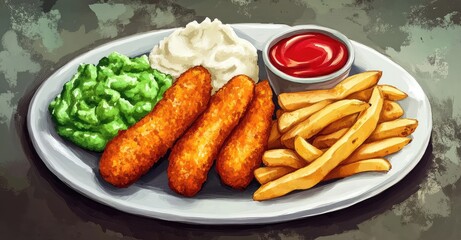Fish fingers, mashed peas and chips fries. AI generated illustration.
