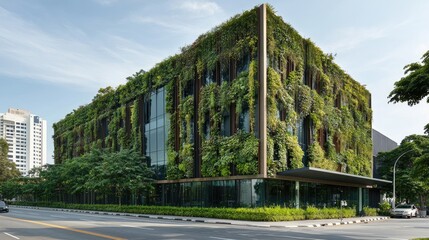 Obraz premium Modern green building with lush vertical garden facade.