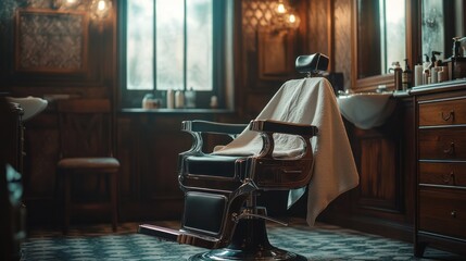 A vintage barbershop chair with a white towel draped over it, in a dimly lit room. The chair is made of dark wood and leather, and it has a classic design.