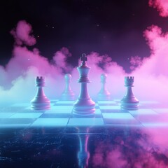 Floating Chess Pieces Illuminate a Mystical Board Enigmatic Glow Digital Art Atmospheric Fantasy
